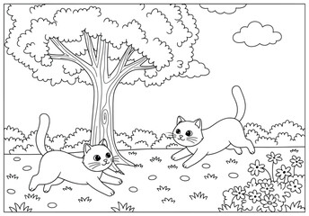 Cat illustration of two playful kittens joyfully chasing each other outdoors near a tree, designed as charming fun and creative vector line art artwork perfect for coloring and decoration
