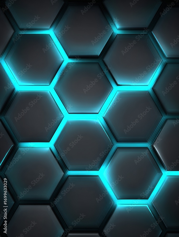 Poster geometric pattern of illuminated hexagons in a dark environment showcasing modern design elements an