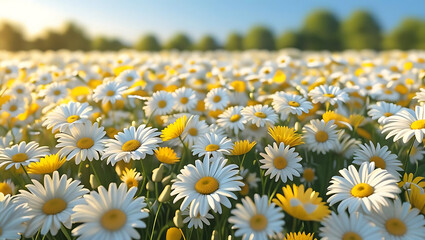 Field of white daisies glowing under warm sunlight