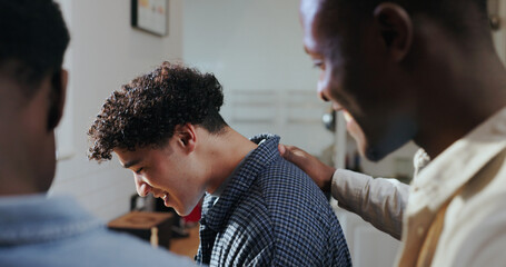 Happy people, friends and bonding with help in kitchen for social gathering or get together in home. Men, group or community with smile, chat or weekend for support, friendship or reunion in house