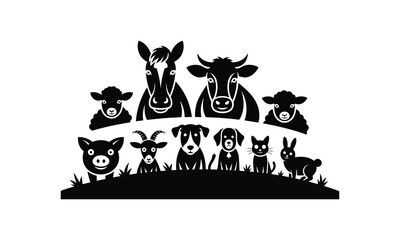 Black silhouette farm animals on white background vector