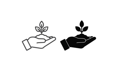 Hand holding soil with plant sprout line art and solid icon
