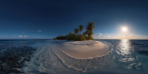 Naklejka premium Serene tropical island sunset maldives hdr panoramic landscape tranquil beach environment wide-angle view relaxation concept