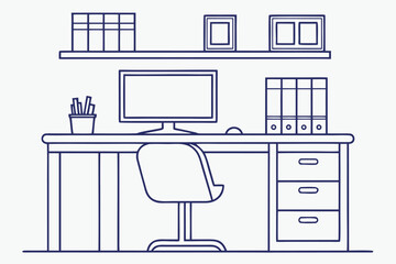 Fototapeta premium Line Drawing of a Desk with Computer Chair and Office Supplies Keywords: desk, office desk, computer