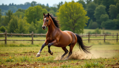 Fototapeta premium Galloping brown horse running fast on green grass field with wooden fence and trees