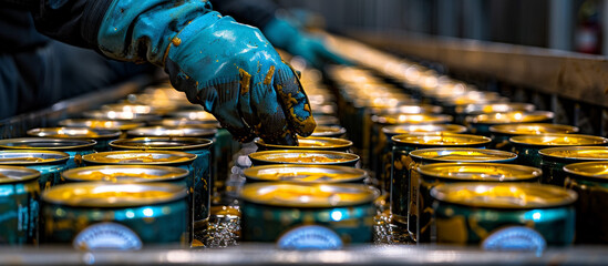 Gloved hands inspect candles on factory line