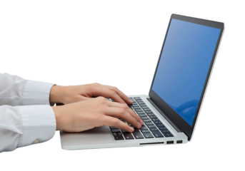 Person typing on a laptop computer isolated on transparent background