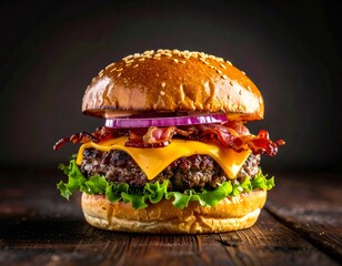 Gourmet Bacon Cheeseburger on a Rustic Wooden Table