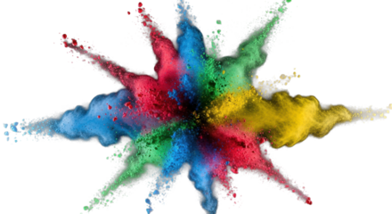 Dynamic multi-colored powder explosion, vibrant red, blue, green, yellow, white pigments, swirling textures mid-air against stark deep black background, dramatic studio lighting, conveying explosive