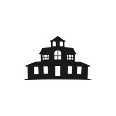 Halloween hunted house Spooky silhouette with bats flying around on halloween night, Hunted house vector silhouette
