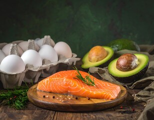 Healthy Keto Diet Ingredients Salmon, Avocado, and Eggs