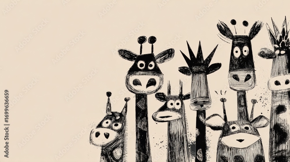 Poster group of cartoon giraffes and cows with playful expressions against a light background