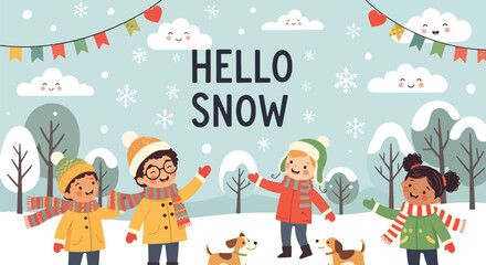 Adobe illustrator artwork vector illustration. Diverse group of happy children in winter clothes, accompanied by their dogs, playing joyfully in a snowy landscape under a "Hello Snow" banner
