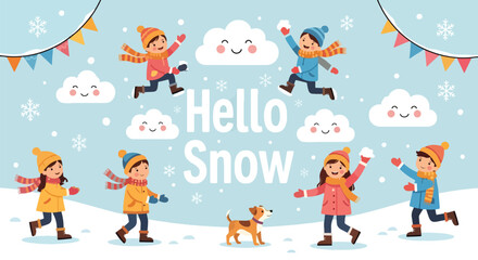 Adobe illustrator artwork vector illustration. Diverse group of happy children in winter clothes, accompanied by their dogs, playing joyfully in a snowy landscape under a 