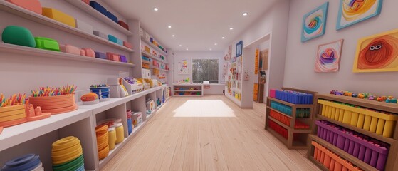 Colorful art supplies organized on shelves in bright playroom