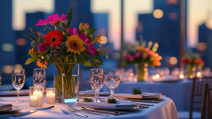 Elegant dinner table with flowers and wine at sunset