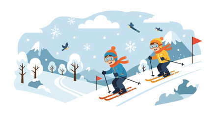 Adobe illustrator artwork vector illustration. Two cheerful children in colorful winter gear, including goggles and hats, happily ski down a snowy mountain slope with flags, surrounded by pine trees