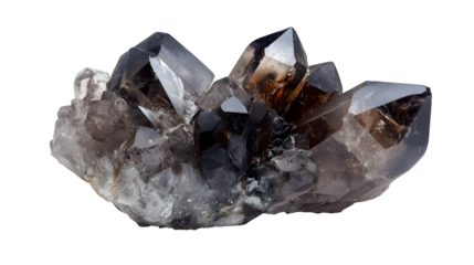 Smoky Quartz raw cluster, dark grey translucent crystals, natural points, isolated on Transparent background