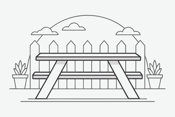 Outdoor Picnic Table and Picket Fence with Potted Plants park garden