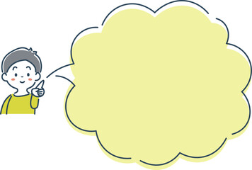 笑顔で指差す男の子と吹き出しのシンプルな線画イラスト素材