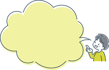 笑顔で指差す男の子と吹き出しのシンプルな線画イラスト素材