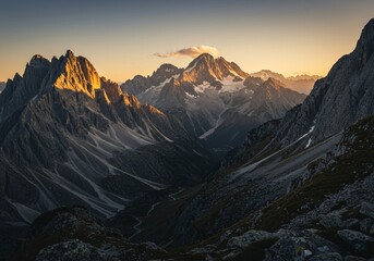 Majestic Dolomites Peaks Bathed in Golden Light at Sunrise Italy.