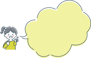 笑顔で指差す女の子と吹き出しのシンプルな線画イラスト素材