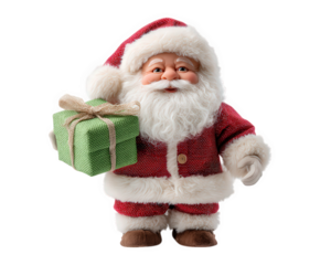 Santa Claus doll holding green gift box, festive holiday toy with red suit, white beard, and cheerful expression, perfect for Christmas decoration or seasonal celebration