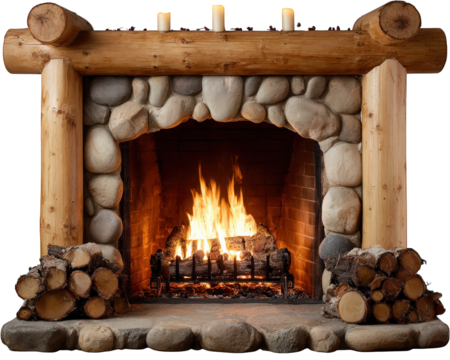 Rustic stone fireplace with burning firewood, wooden logs, and candles creates cozy, warm atmosphere in cabin or lodge, perfect for relaxation and comfort