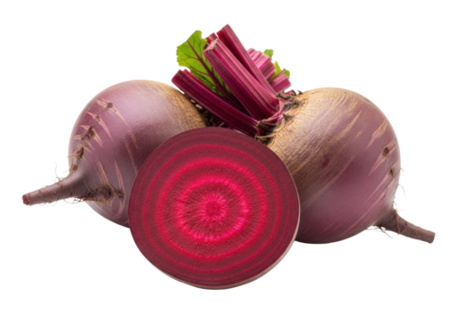 Three vibrant beets, two whole purple with green tops and one half-sliced deep red showing concentric rings, on a transparent seamless background with copy space, concept of culinary freshness and - Powered by Adobe