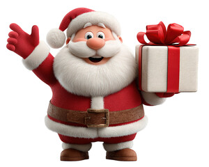 Santa Claus cartoon character holding glowing gift box, smiling with joyful expression, wearing red suit and hat, white beard, festive holiday background, Christmas celebration