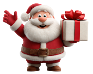 Santa Claus cartoon character holding glowing gift box, smiling with joyful expression, wearing red suit and hat, white beard, festive holiday background, Christmas celebration