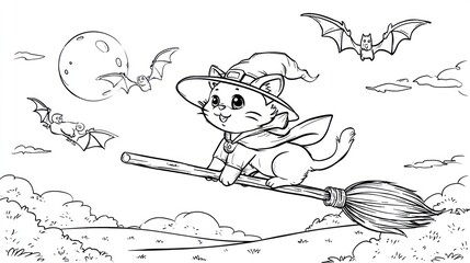 Cartoon cat witch flying on a broom with bats and a moon