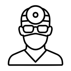 Medical equipment icon outline drawing of a doctor wearing a mask and glasses with a head mirror device on