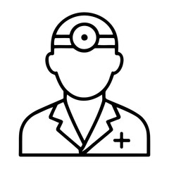 Medical equipment icon outline illustration of a doctor with a head mirror and a plus sign on the jacket