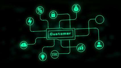 Neon Green Customer Relationship Management Flowchart with Icons on Black Background diagram