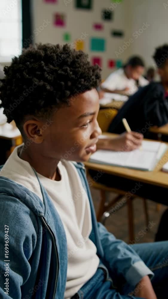 Poster a cheerful student in a classroom setting, captured in a close-up, eye-level angle. the video style 