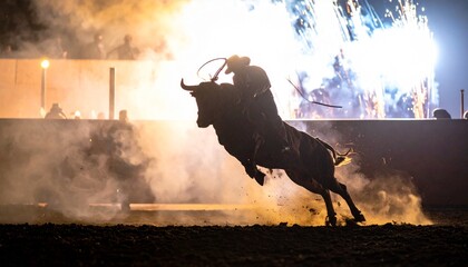 Dramatic action view of a fearless bull rider holding on as the bull bucks wildly in the rodeo arena, spotlight capturing the intensity, dust, motion, and adrenaline in cinematic dramatic lighting