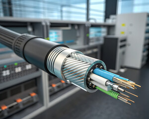 Detailed view of a high-speed fiber optic cable showcasing intricate internal strands for advanced data transmission technology