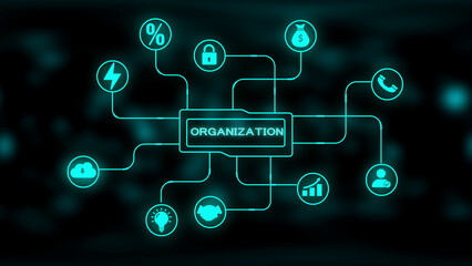 Digital Organization Network Diagram with Icons and Connections on Black Background Keywords: organization, network, diagram, technology, digital, connection, icons, communication, finance, growth