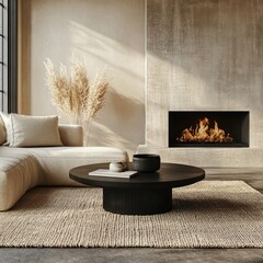 Japandi home interior design of modern living room. Beige sofa and accent black coffee table against fireplace, Generative AI