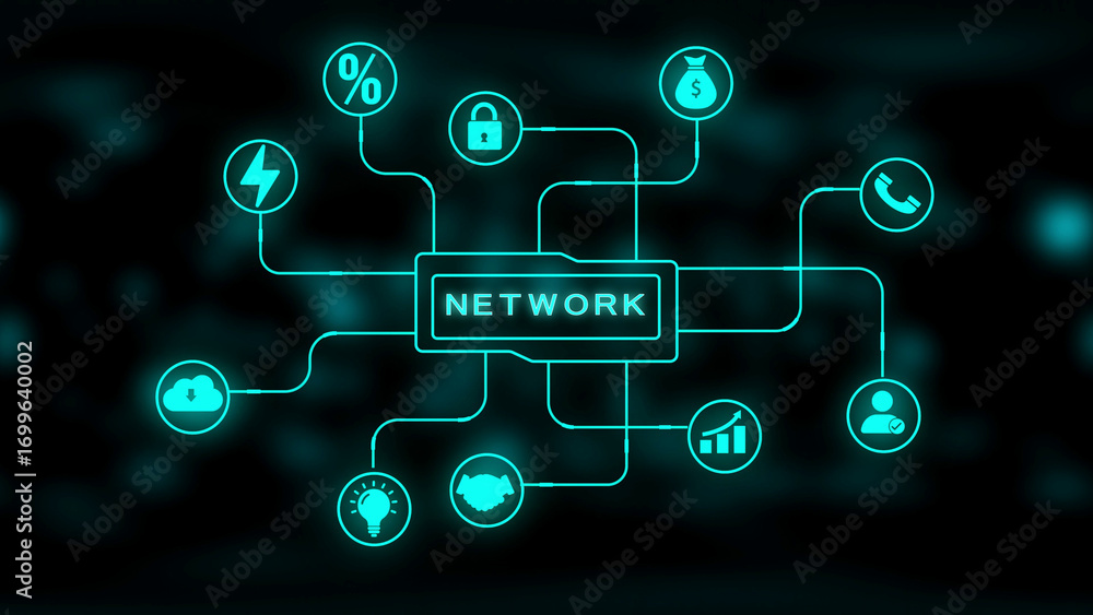 Poster digital network connections with business and technology icons on dark background data