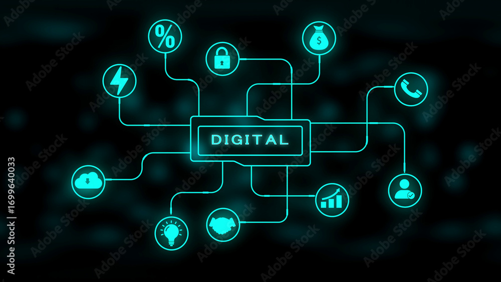 Poster digital network concept with ' digital' in the center and connected icons technology connection