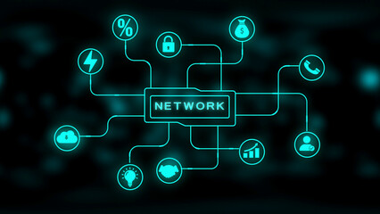 Digital Network Connections with Business and Technology Icons on Dark Background data