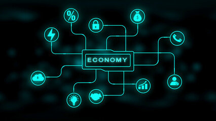 Economy Network Diagram with Business and Financial Icons on Dark Background finance connection