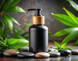 Matte black pump bottle with bamboo cap surrounded by smooth stones and green leaves on a spa table.