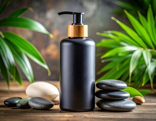 Matte black pump bottle with bamboo cap surrounded by smooth stones and green leaves on a spa table.