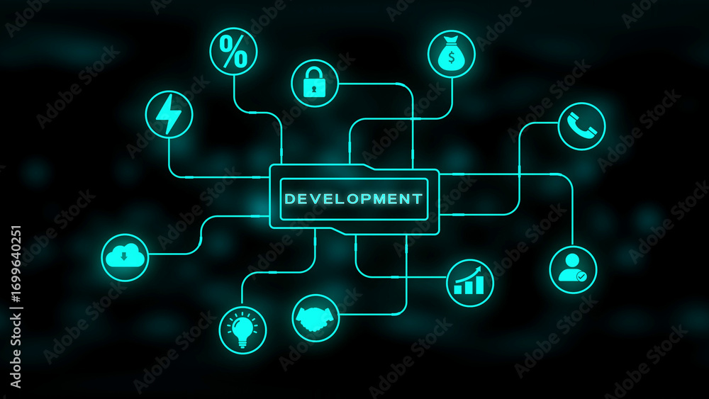 Poster digital development network with business icons and connections on dark background keywords: develop