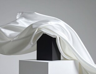 Elegant white silk fabric drapes gracefully over a black cube, resting on a neutral platform.