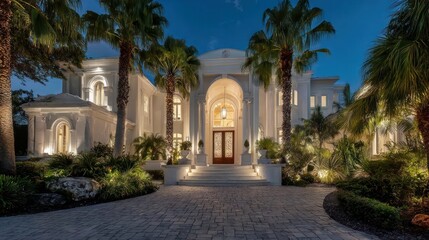 Grand, illuminated luxury mansion with elegant pillars, arched doorway, and lush landscaping